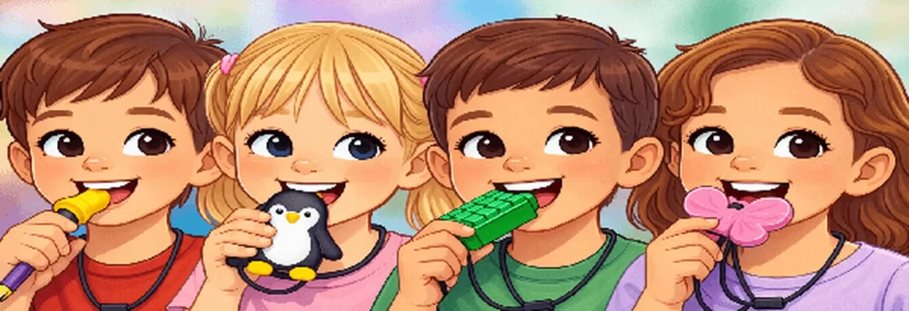 Niños utilizando distintos mordedores sensoriales de colores